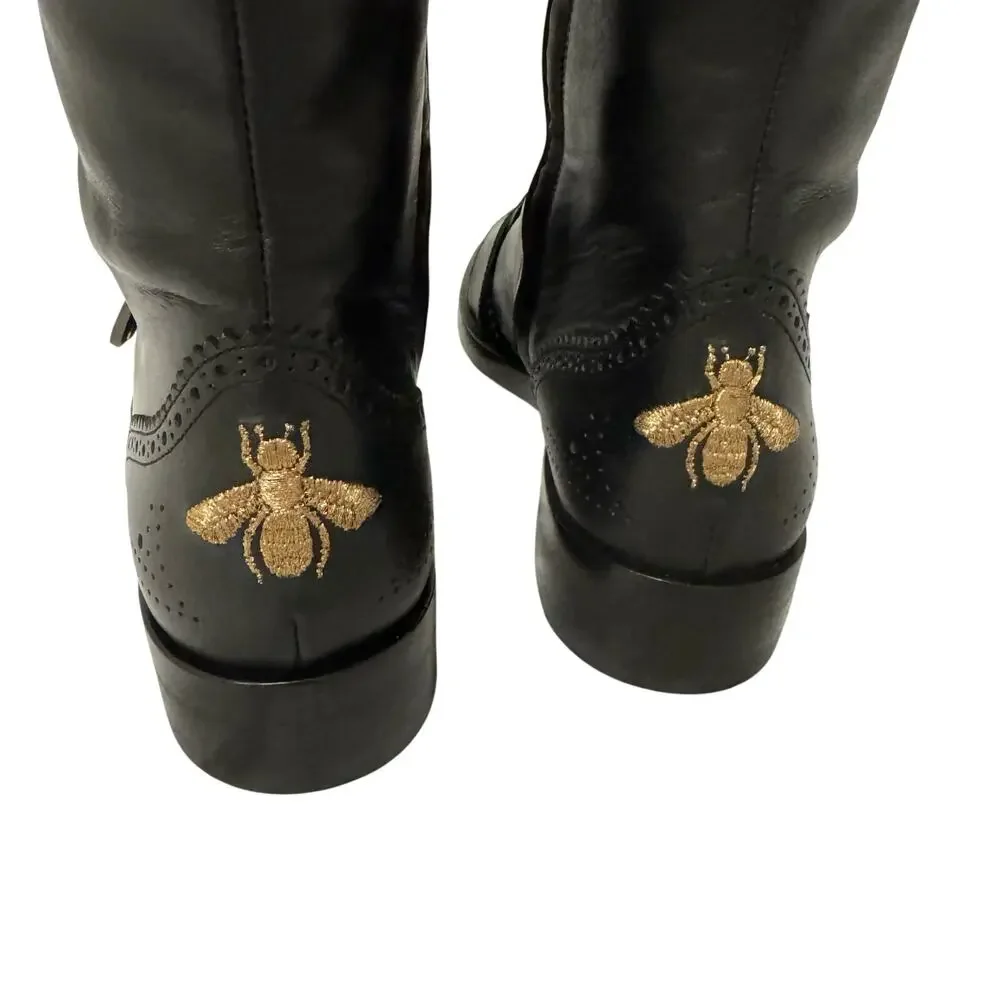 Gucci Dionysus Thigh High Boots 38 Black Leather Bee Brogue Alessandro Michele